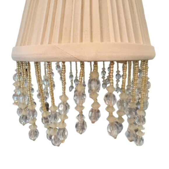 🎉SALE🎉 Beaded Mini Lampshade Cream Silver BOHO 70s Cottage Shabby Chic Pleated - Picture 1 of 7